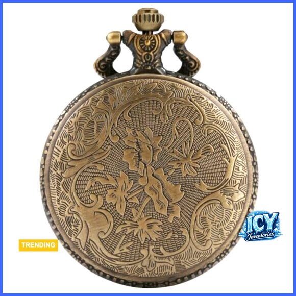 Vintage Quartz Pocket Watch with Bronze Case Rose Pattern Necklace Chain